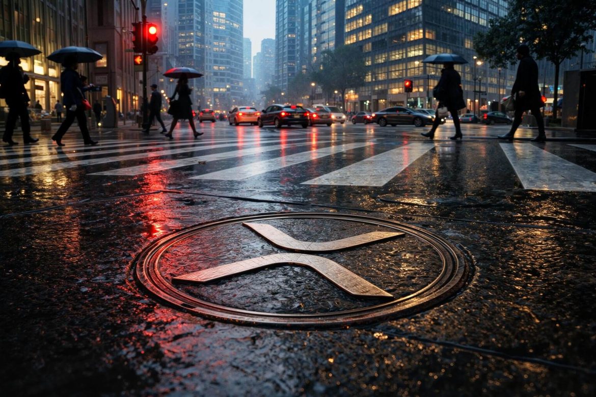 XRP logo on a rain-soaked city street as investors pull back, signaling first monthly outflow after a $1.2B ETF inflow streak