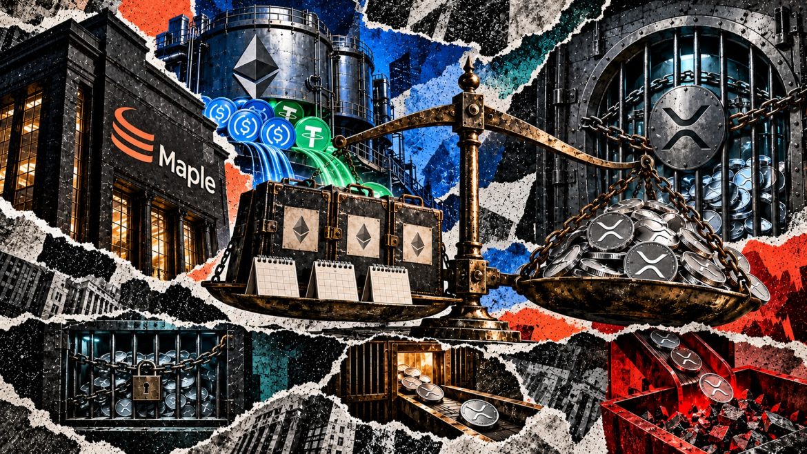 Editorial collage of Maple Finance loans funded by Ethereum stablecoin pools and balanced against XRP collateral held in native custody.